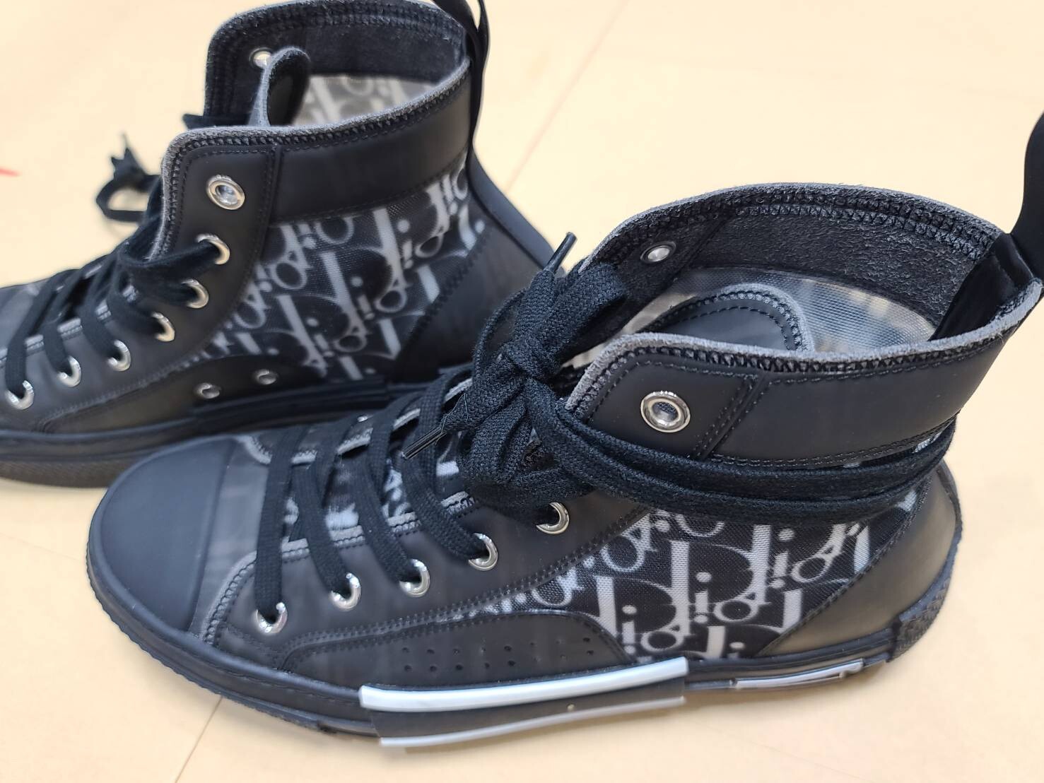 Authentic DIOR B23 Oblique Canvas Black Calfskin High Top Sneakers Shoes sz 38