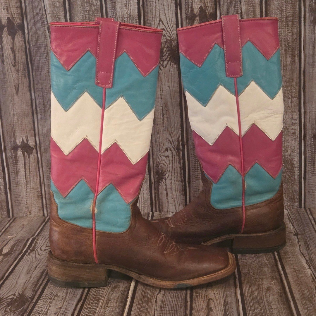 Sz 6.5 M Women’s Macie Bean Brown Pink Turquoise Chevron Western Cowboy Boots