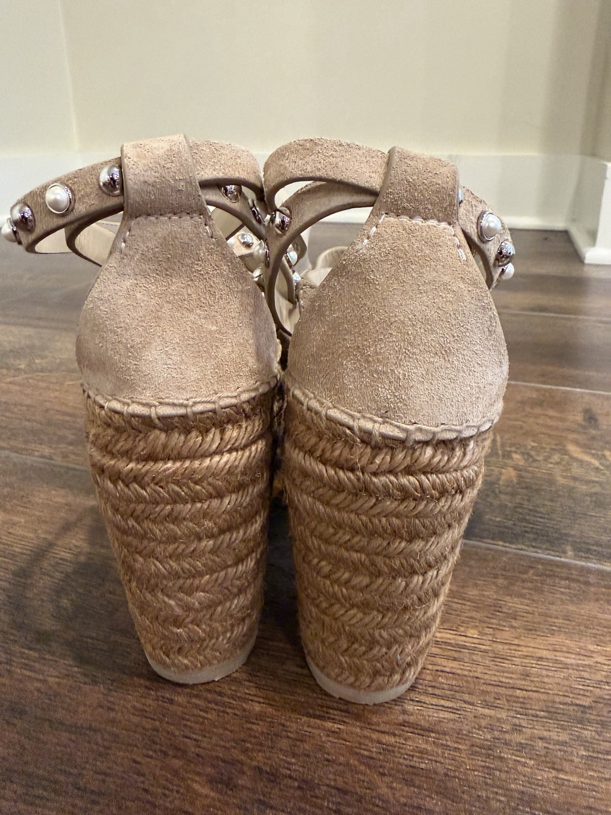 NEW! Jimmy Choo Women’s Suede Light Brown Pearl & Silver Studded Wedges Size 40