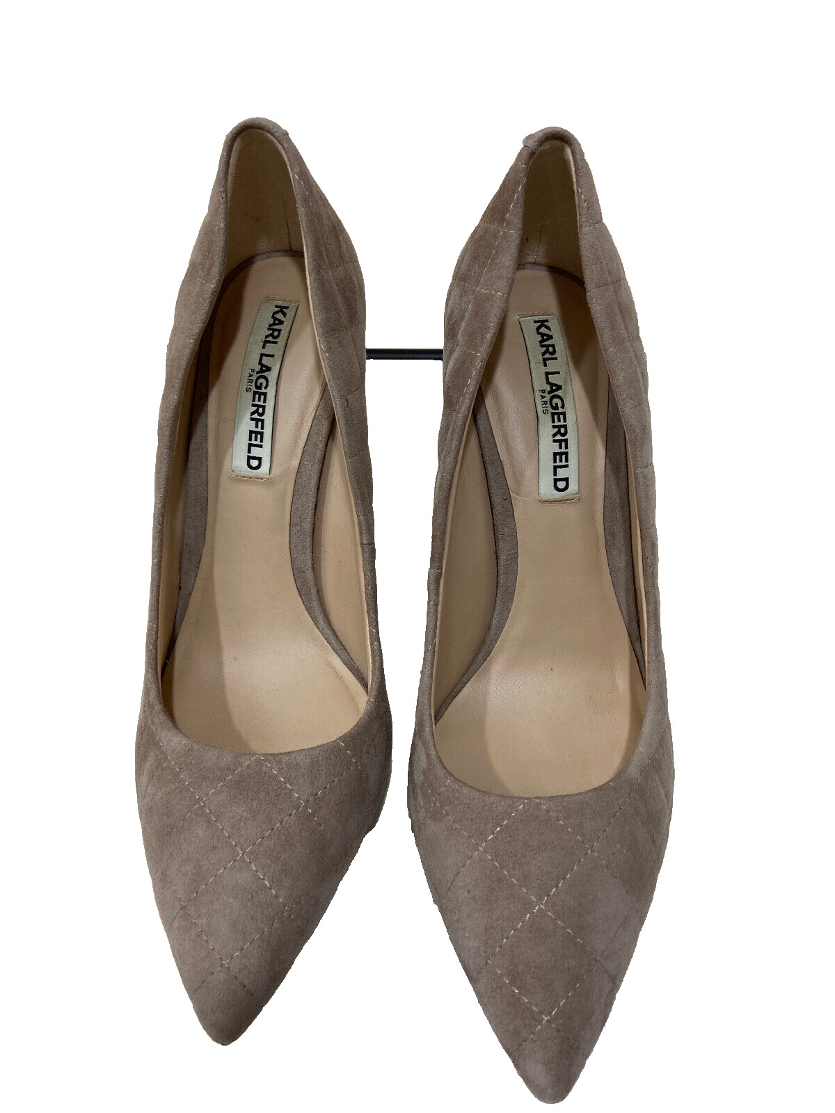 Karl Lagerfeld Paris Women Heels 7.5M Beige Quilted textile Suede 4″ Gold Heels
