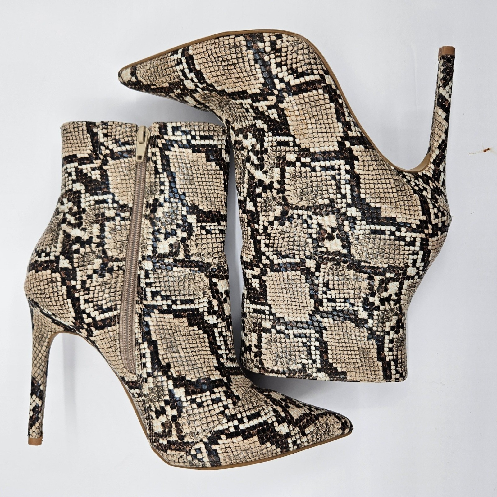 Express Snakeskin Print Pointed Toe 4.25″ Stiletto Ankle Boots Tan & Brown Sz 8