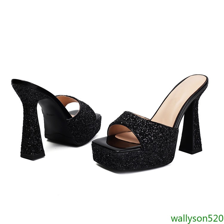 Women’s Glitter Open Toe Slip On Platform Flared Block Heel Mule Slide Sandals