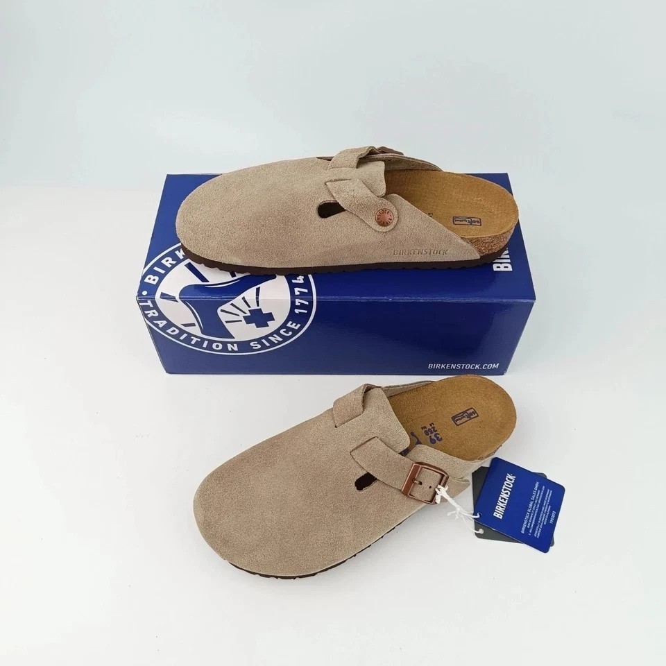 Birkenstock Boston Taupe Suede Leather Soft Footbed Unisex Clog Shoes