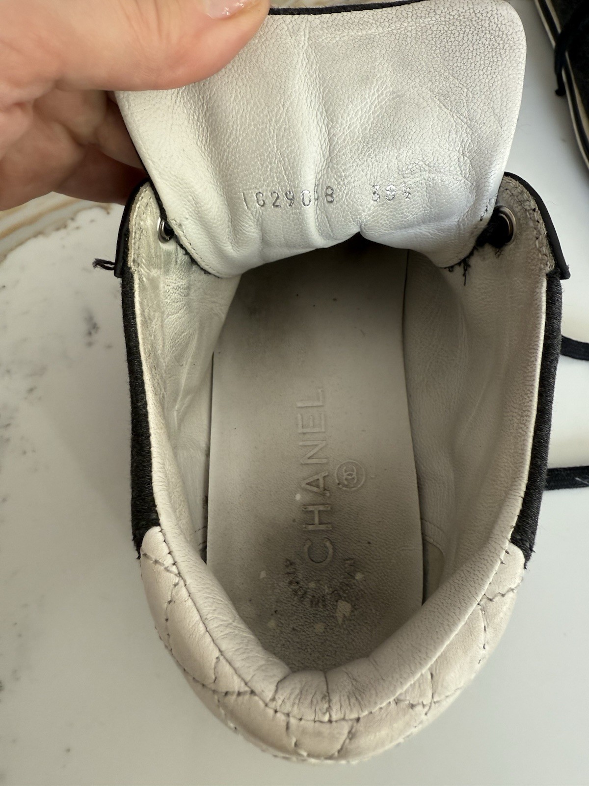 CHANEL High Top Sneakers Black Wool White Quilted Leather CC Logo Italy 7.5 -8