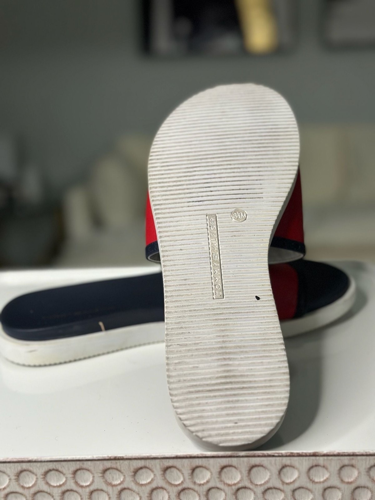 Tommy Hilfiger Women’s Souli Slide Sandal Red and Navy with Gold Logo Medallion