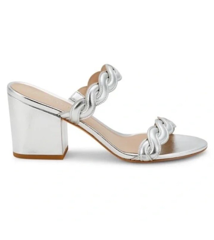 NEW$475 STUART WEITZMAN Twistie Block 75 Metallic Mule Platinum US9/UK6.5/EU39.5