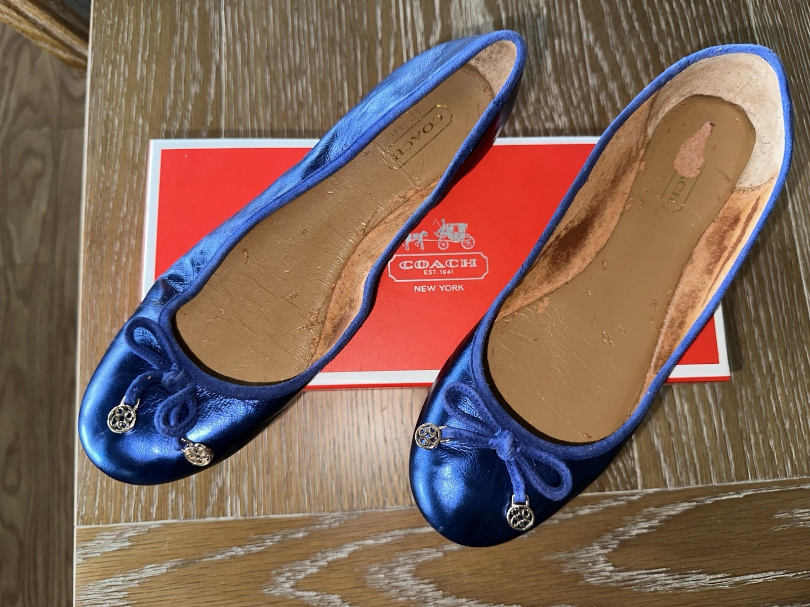 FWB Coach Almira kid leather ballet flat metallic pearl Twilight blue 7.5 M