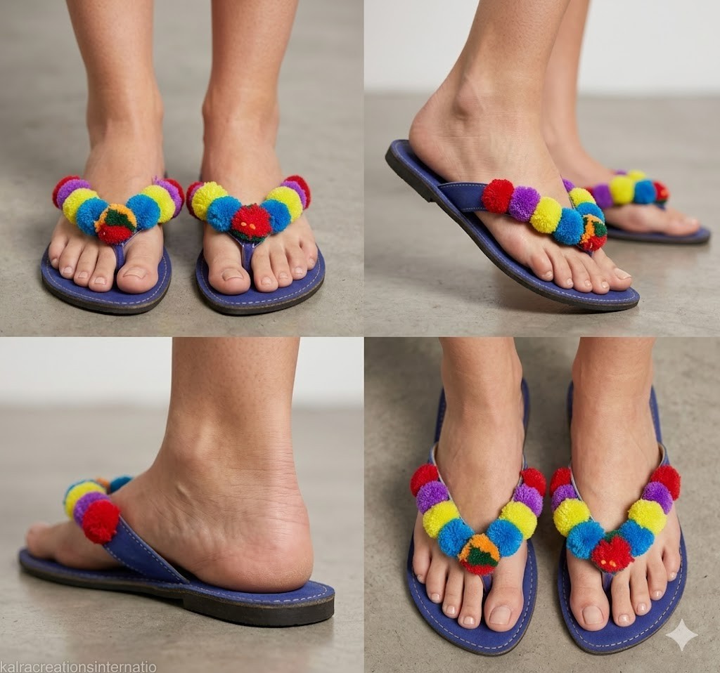 Women Slippers Leather Handmade Indian Casual Slip Ons Blue US 6-9