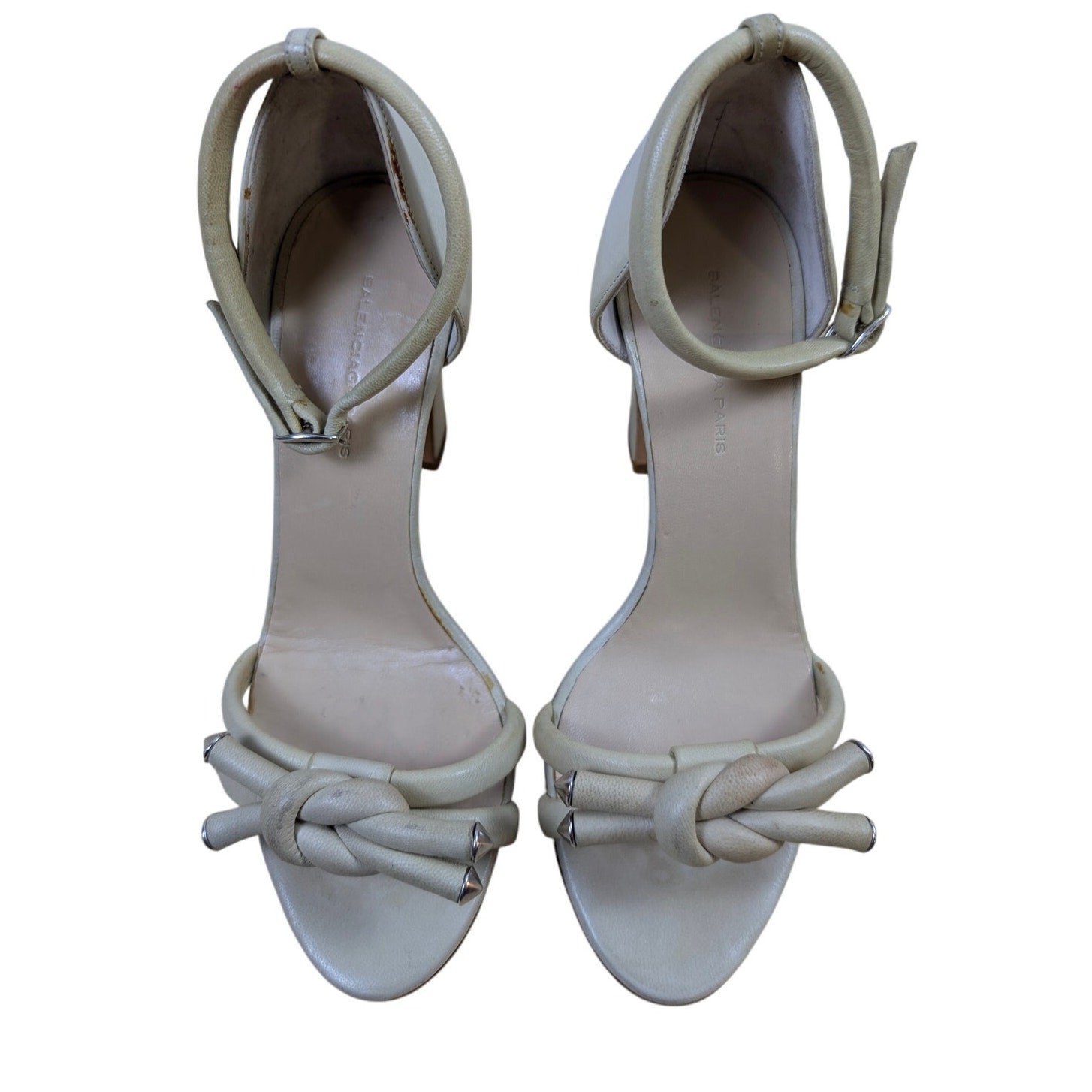 Balenciaga Beige Block Heels Knot Detail Silver Accents Sandal EU 36 US 6