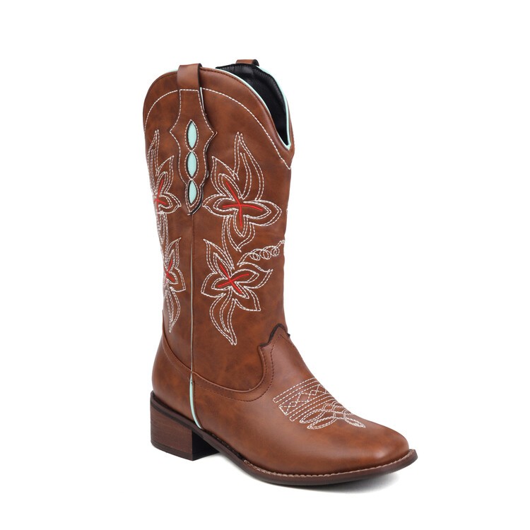 Women’s Faux Leather Pull on Embroidery Mid Calf Boots Retro Outdoor Party Shoes