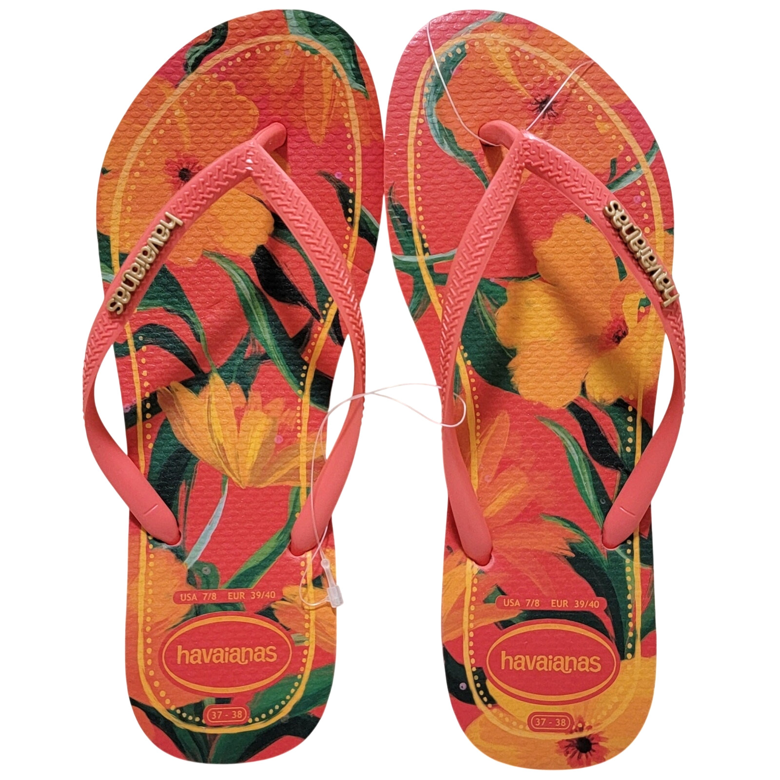 Havaianas Women Flip Flop Sandals Slim Tropical Size US 7/8 Coral Pink Floral