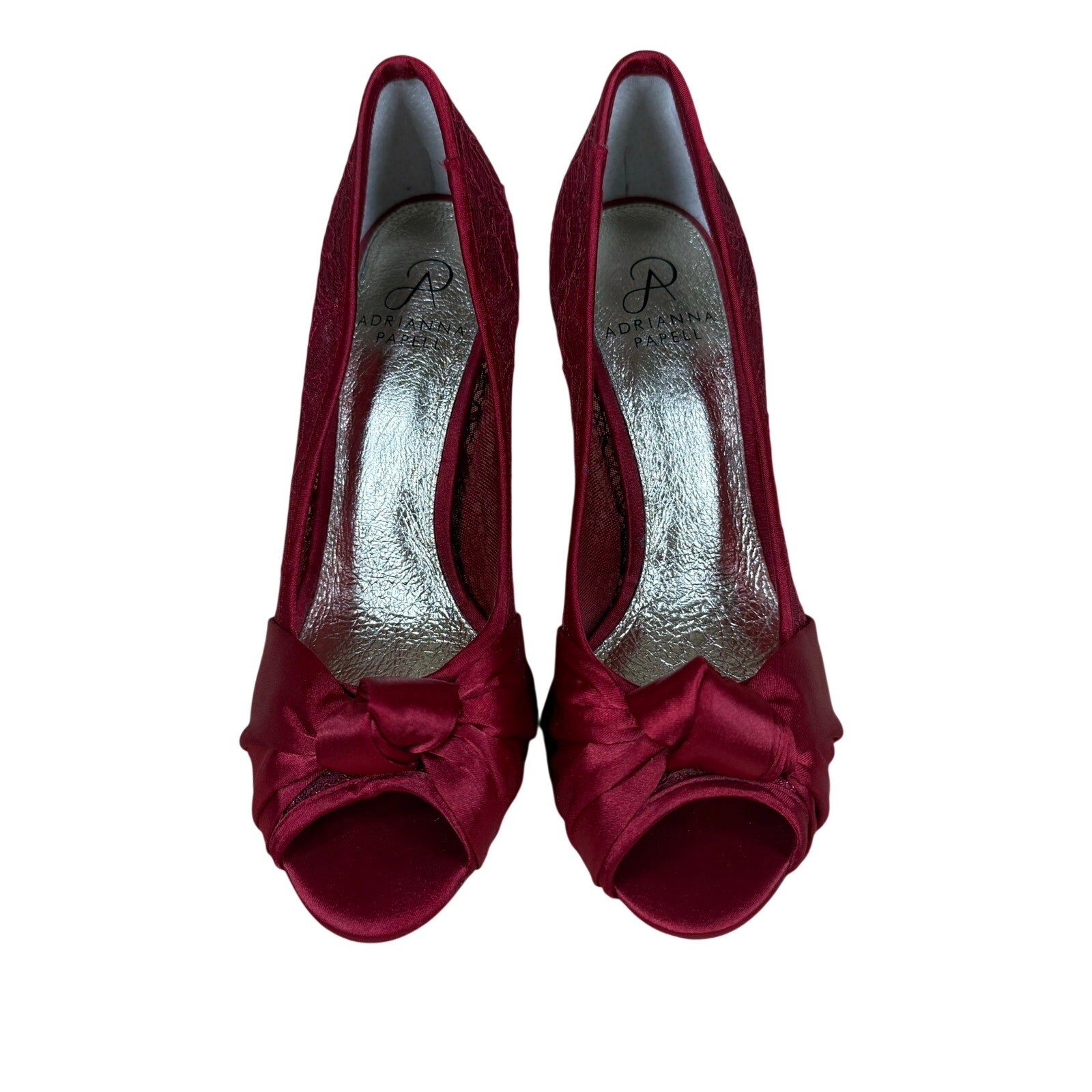 Adrianna Papell Heels Women’s 8 Red Satin Lace Peep Toe Leather Sock Stiletto