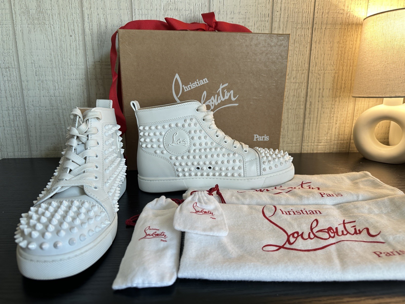 Christian Louboutin Spikes White Hightop Sneaker Women size 38 Red Bottom