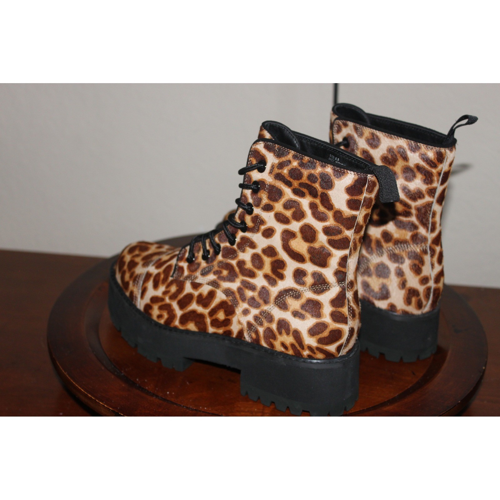Faryl by Farylrobin Leopard Combat Boots Platform Calf Hair 6.5 Chocolate Brown