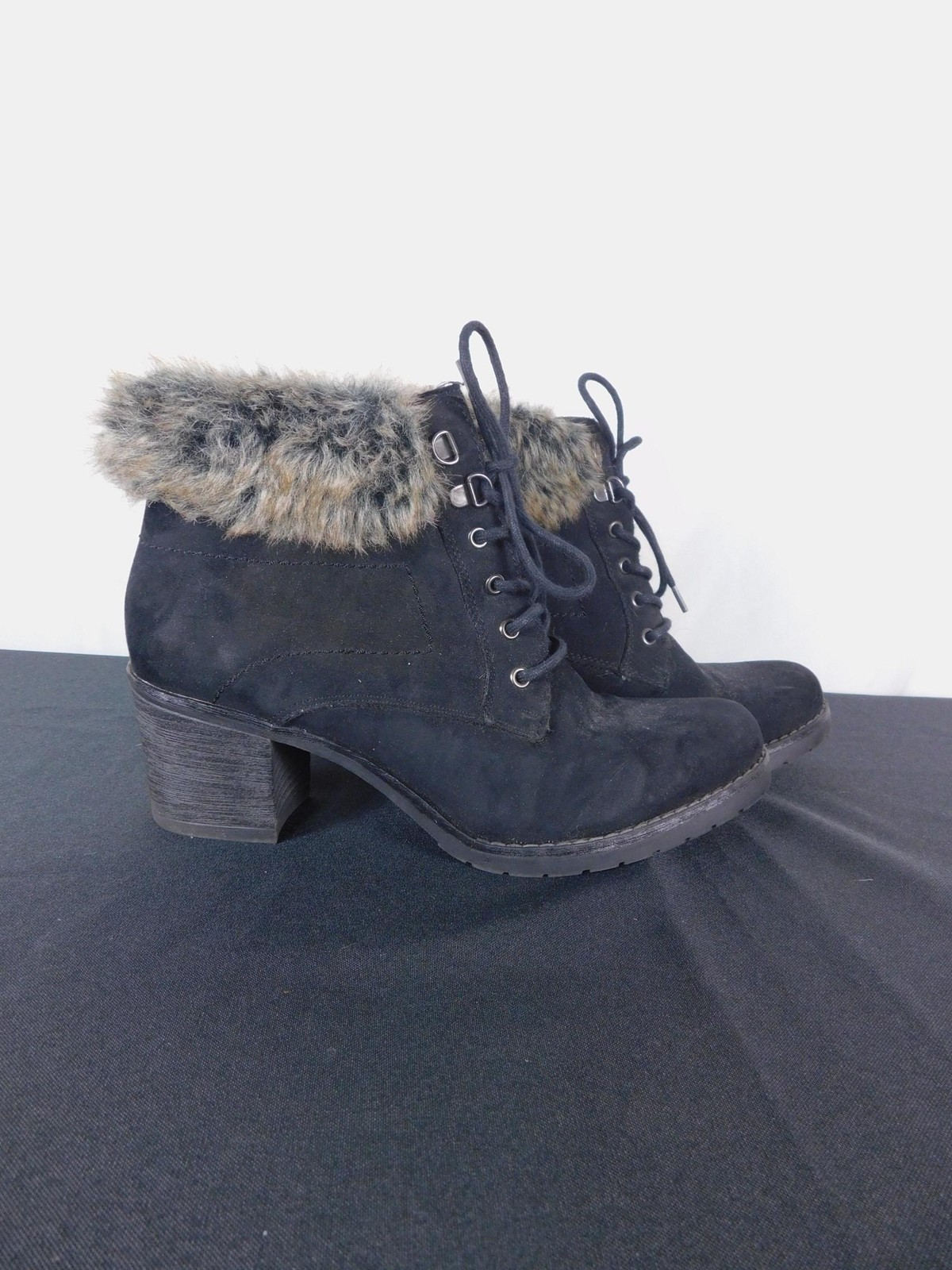Sophie17 Black Faux Fur Lace-Up Ankle Boots 11 – Chunky Heel Winter – Excellent