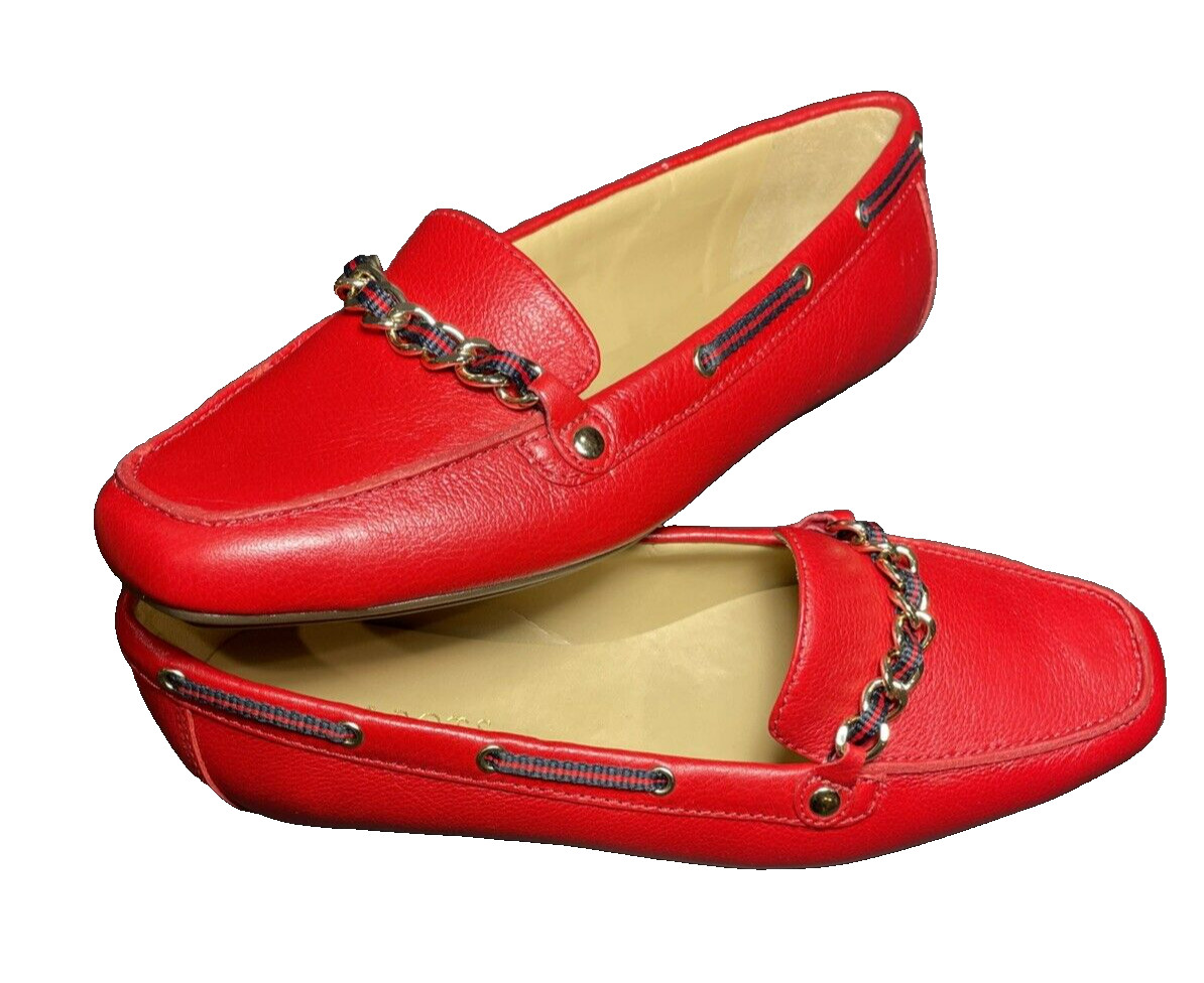Talbots Red Pop Becca Grosgrain Slip on Driving Shoes Leather Ribbon Women 8 NWT