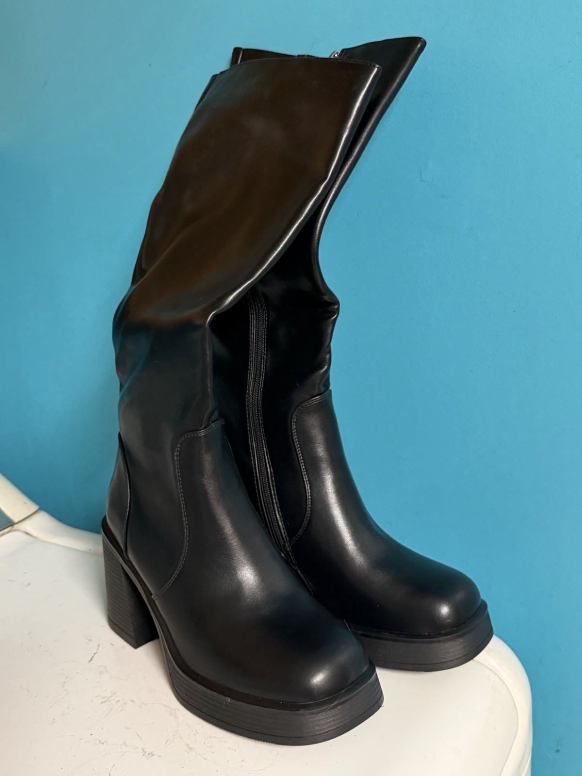 NEW Choiran Black Platform Chunky Block Heel Boots Punk Goth Gogo Zip 7 Y2K Faux