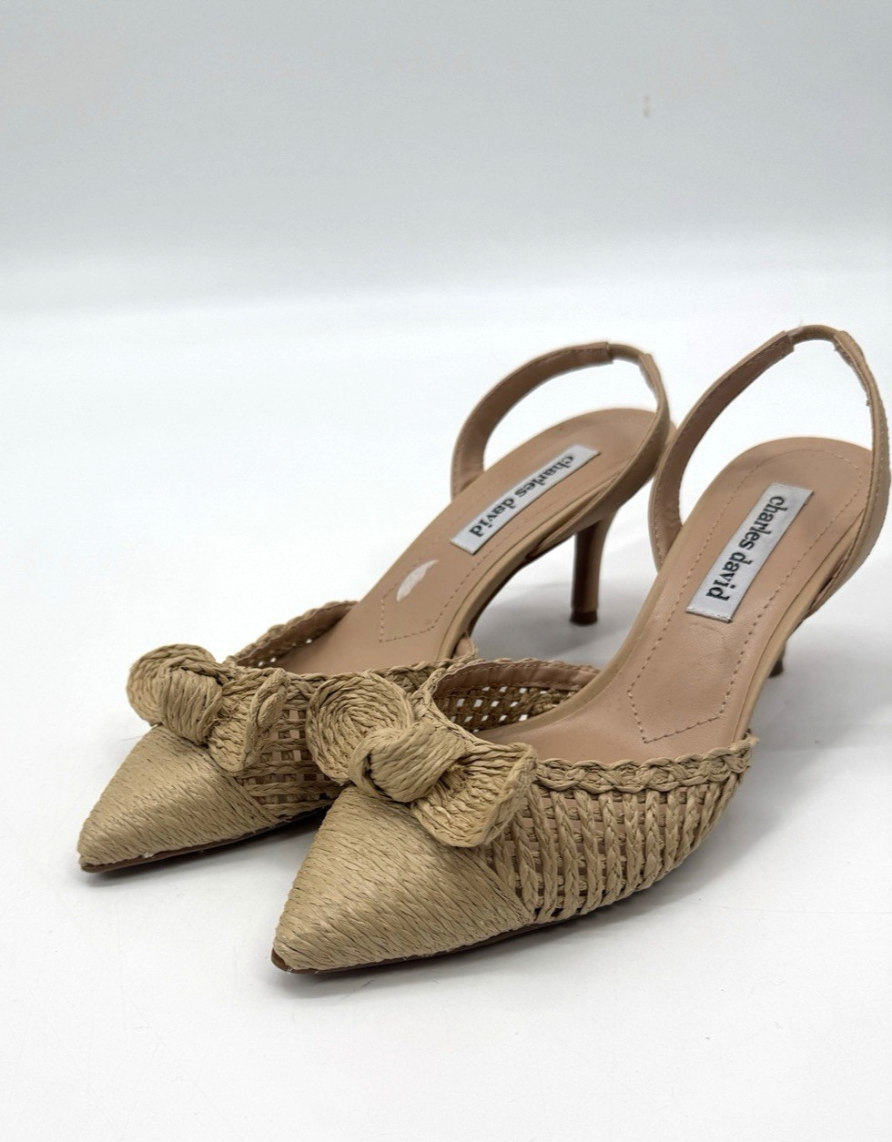 Charles David Allyson Raffia Bow Kitten Heel Sling Back Shoe 6.5 Coastal Resort