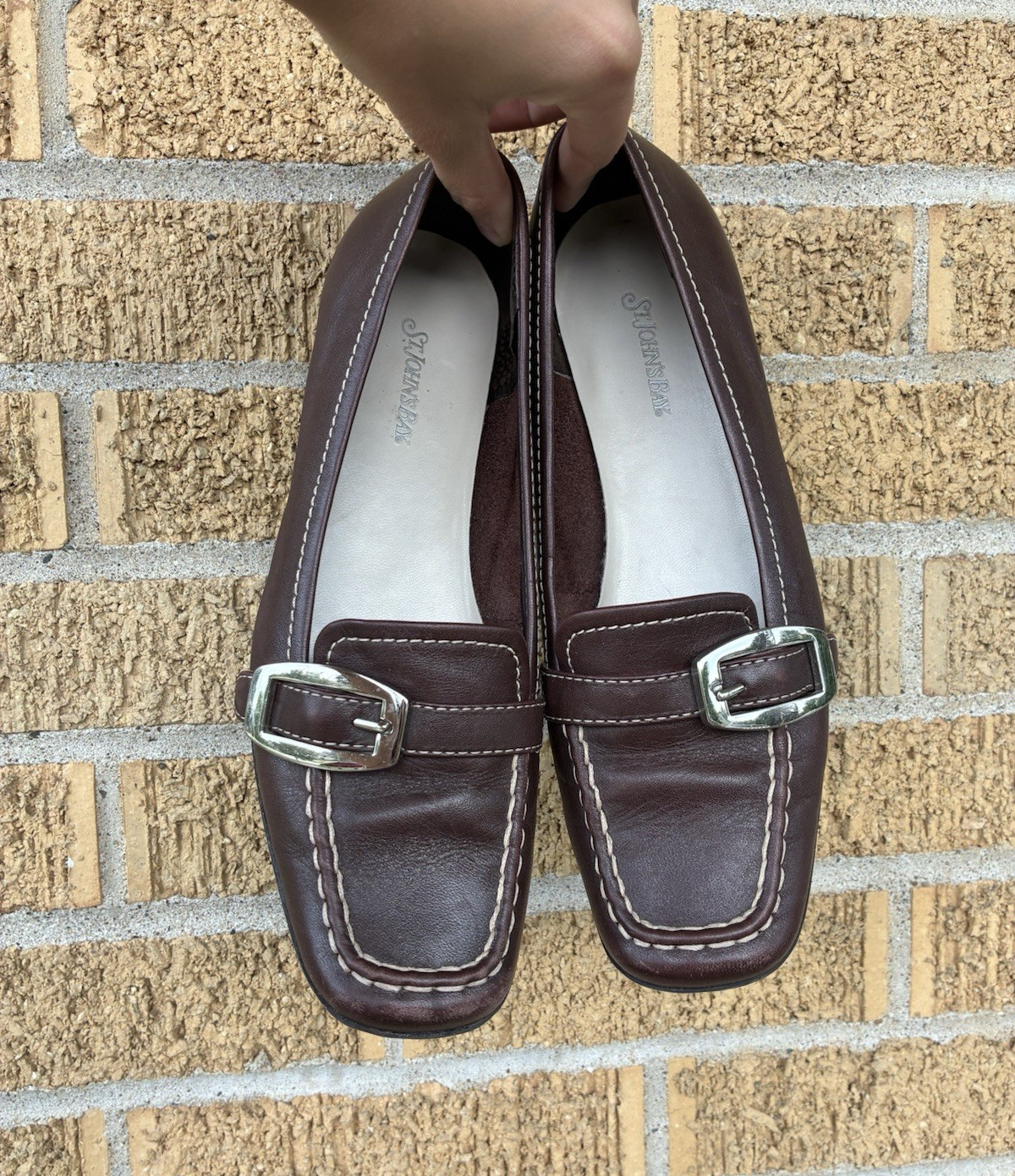 St. John’s Bay Women’s Brown Leather Slip-On Loafer Flats Square Toe Buckle