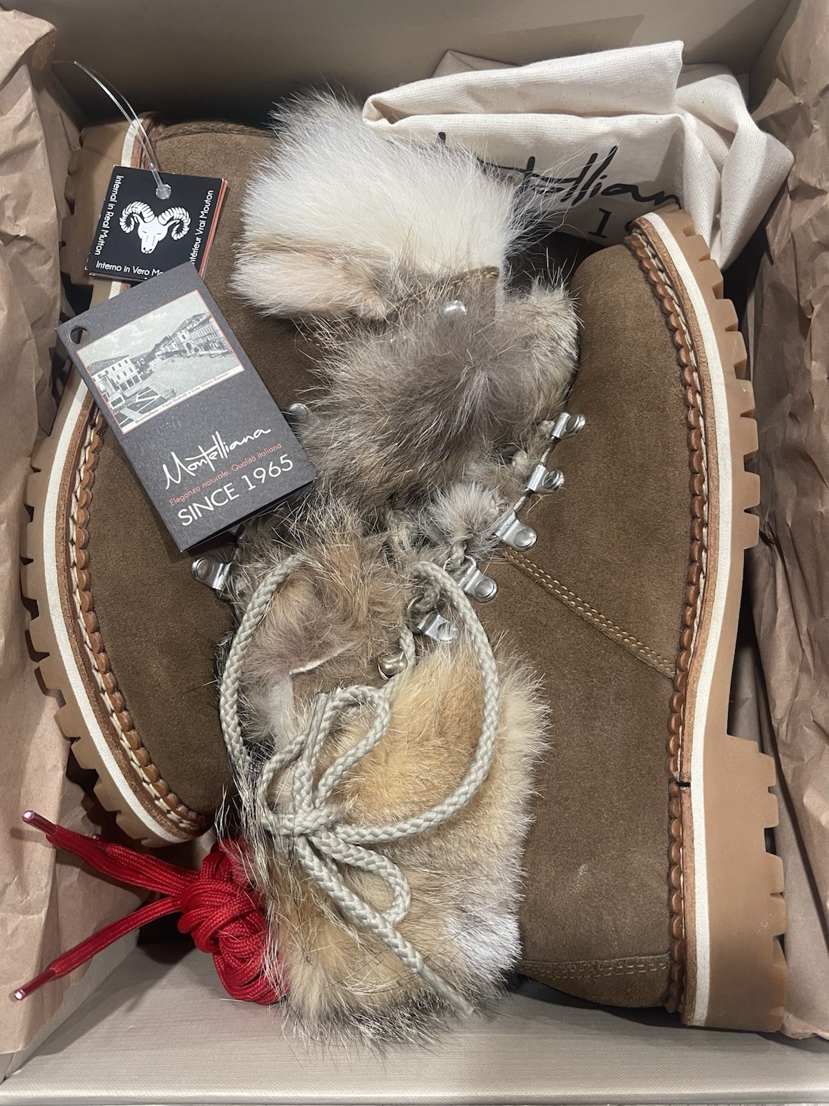 MONTELLIANA CAMELIA REAL FOX FUR SHEARLING HIKER BOOTS LT BROWN LEATHER 38.5 BOX