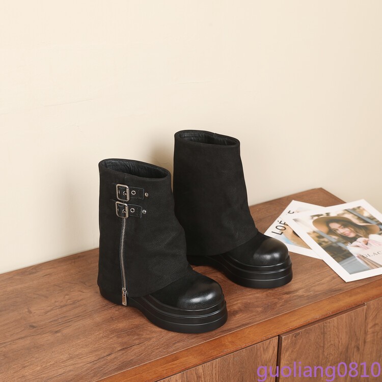 Women’s Leather Ankle Boots Round Toe Shoes Side Zip Wedge Heel Platform Fashion