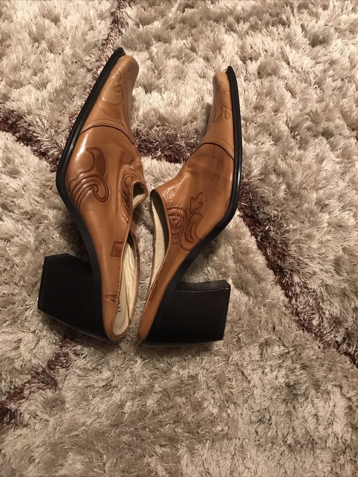 Michelle K Stamped Leather Healed Mules Square Toe Brown Size 9