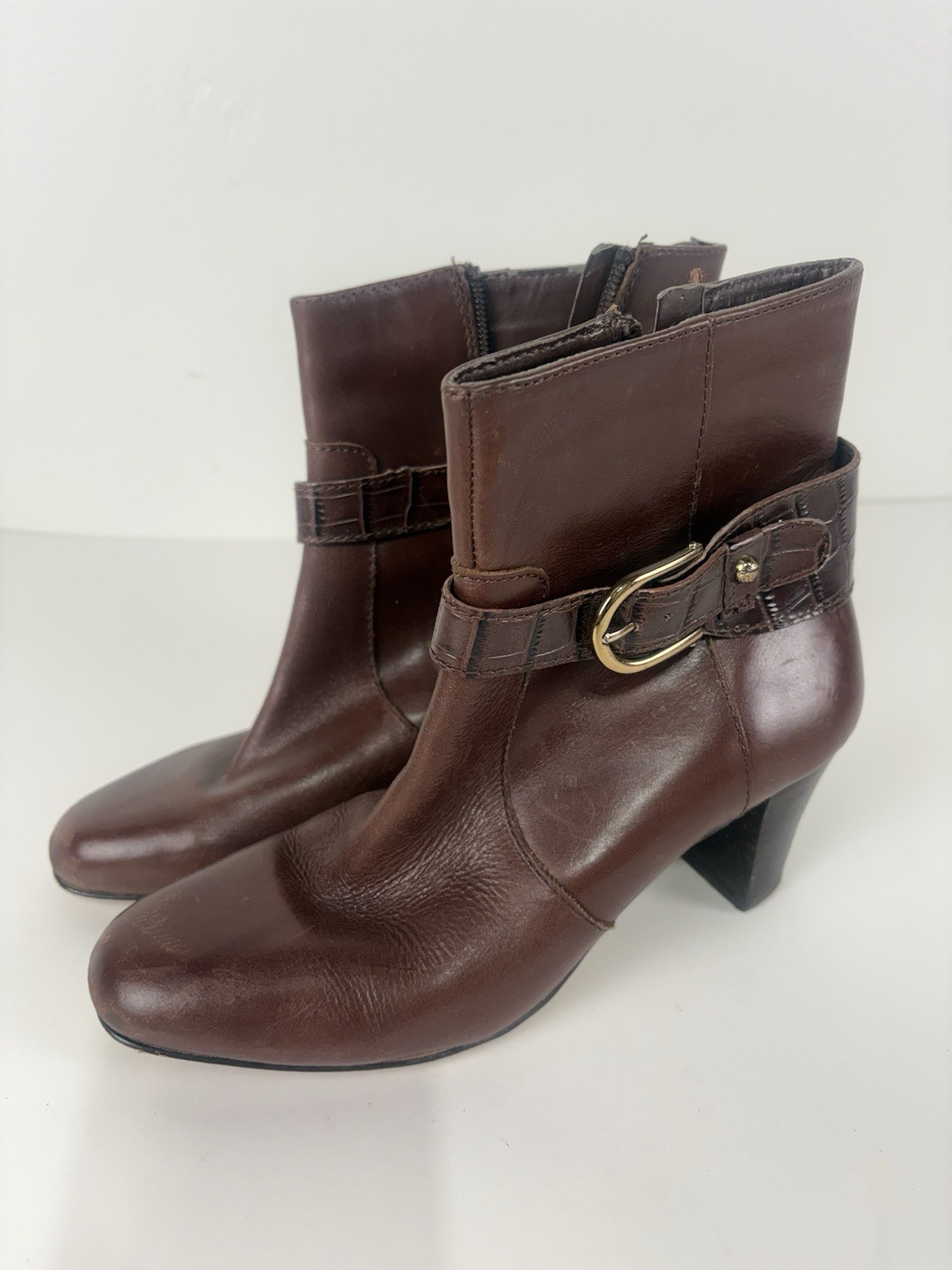 Anne Klein Gansee Brown Leather 2.5in Chunky Heel Boots Womens Size 6M