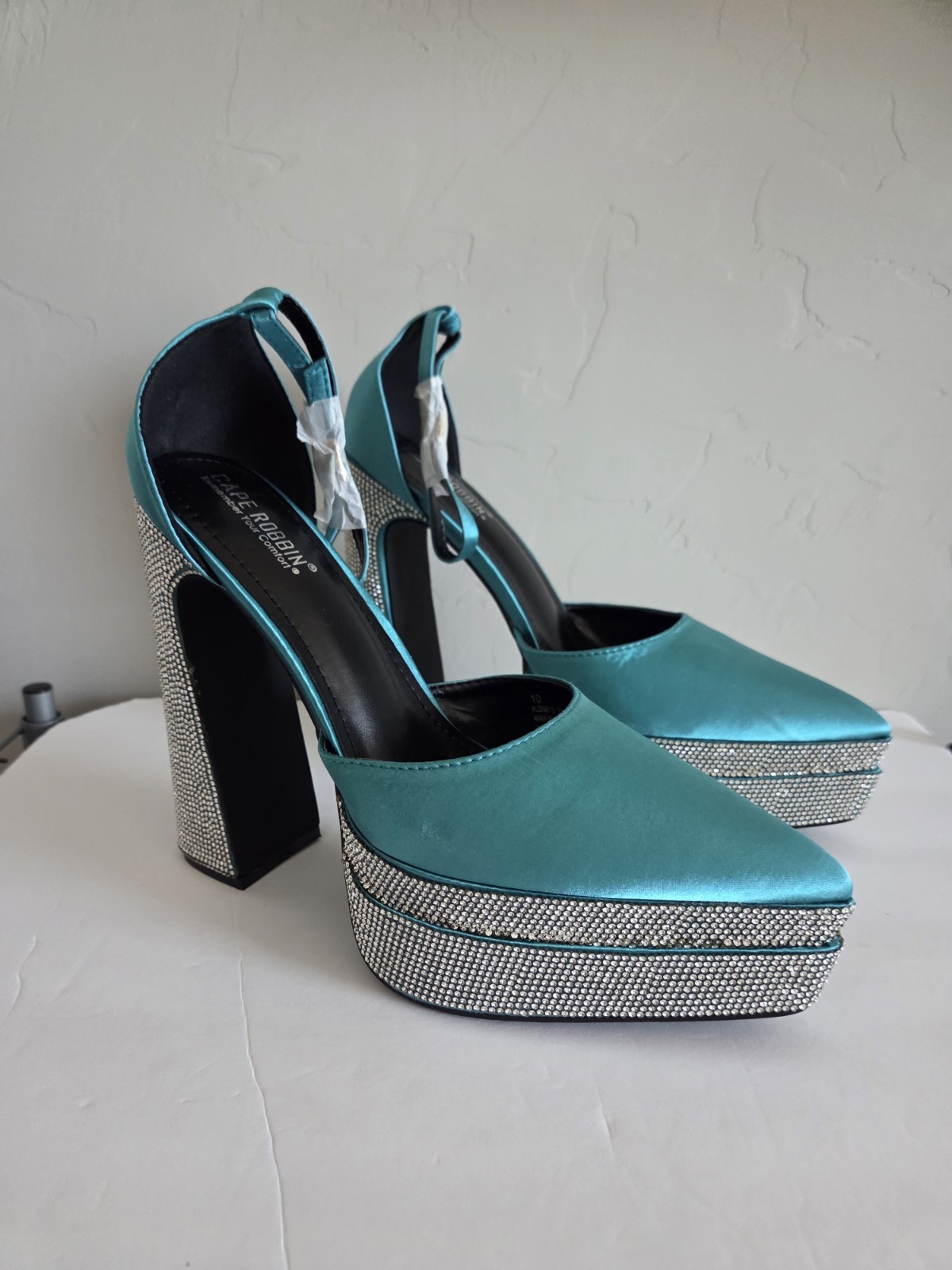 Cape Robbin Turquoise Platform Slingback Heels Rhinestone Block Heel Size 10