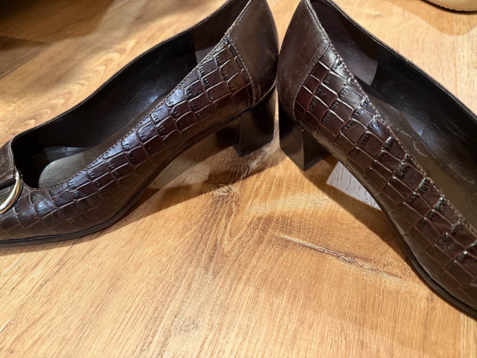Etienne Aigner Brown Croc Embossed Square Toe Buckle Pump Heels 7.5 M