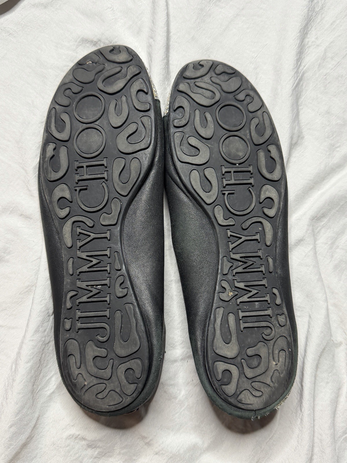 Jimmy Choo Women’s Black/Silver Rhinestone Cap Toe Ballet Flats Slip-On Round