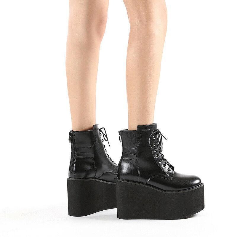 Womens Casual Punk Ankle Boots High Wedge Heel Platform Leather Shoes Thick Sole