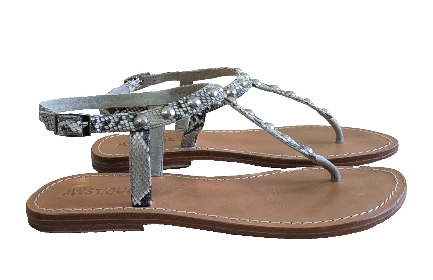 MYSTIQUE Size 10 Studded Ankle Strap Thong LEATHER Sandals Snakeskin Gray Silver