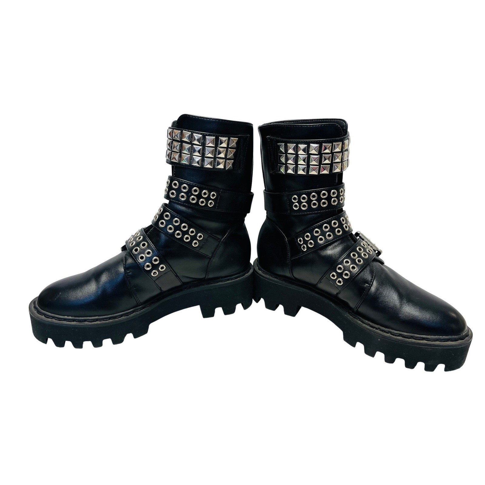 Current Mood 9 Black Multi Buckle Studs Combat Boots Grunge Punk Mall Goth Indie