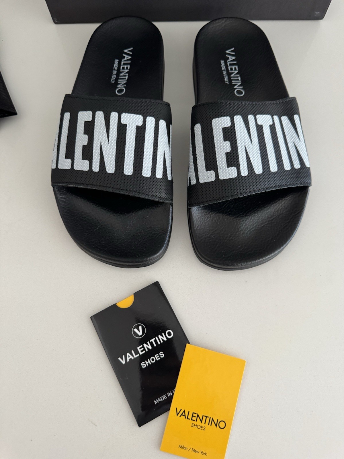 VALENTINO Black Stripe Contrast Irene Slip On Slide Sandal Designer MP$300 Sz 7