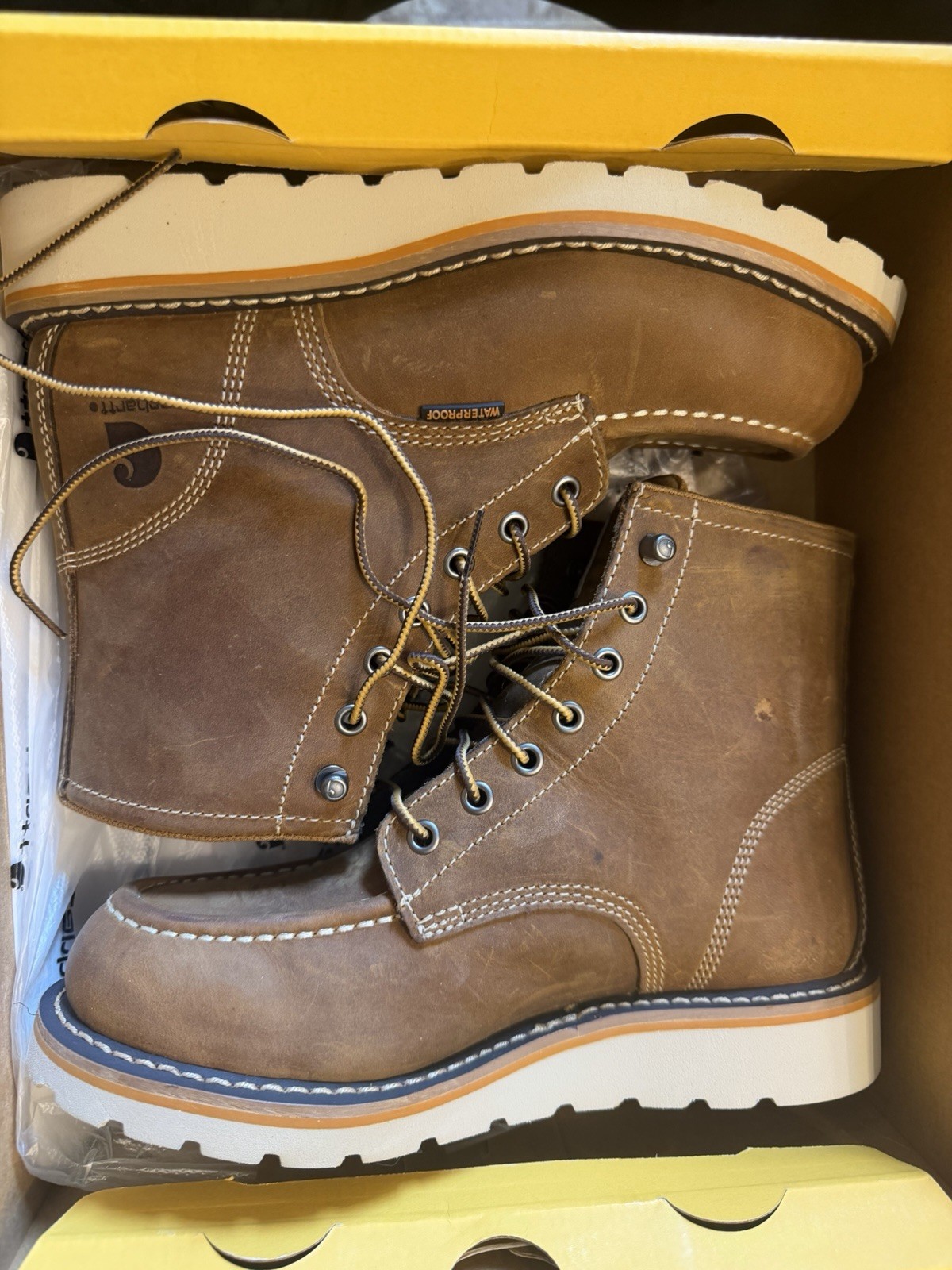 CARHARTT WATERPROOF MOC TOE WEDGE BOOTS WOMENS 6 FW6025-W 6″ BROWN WORKWEAR NEW