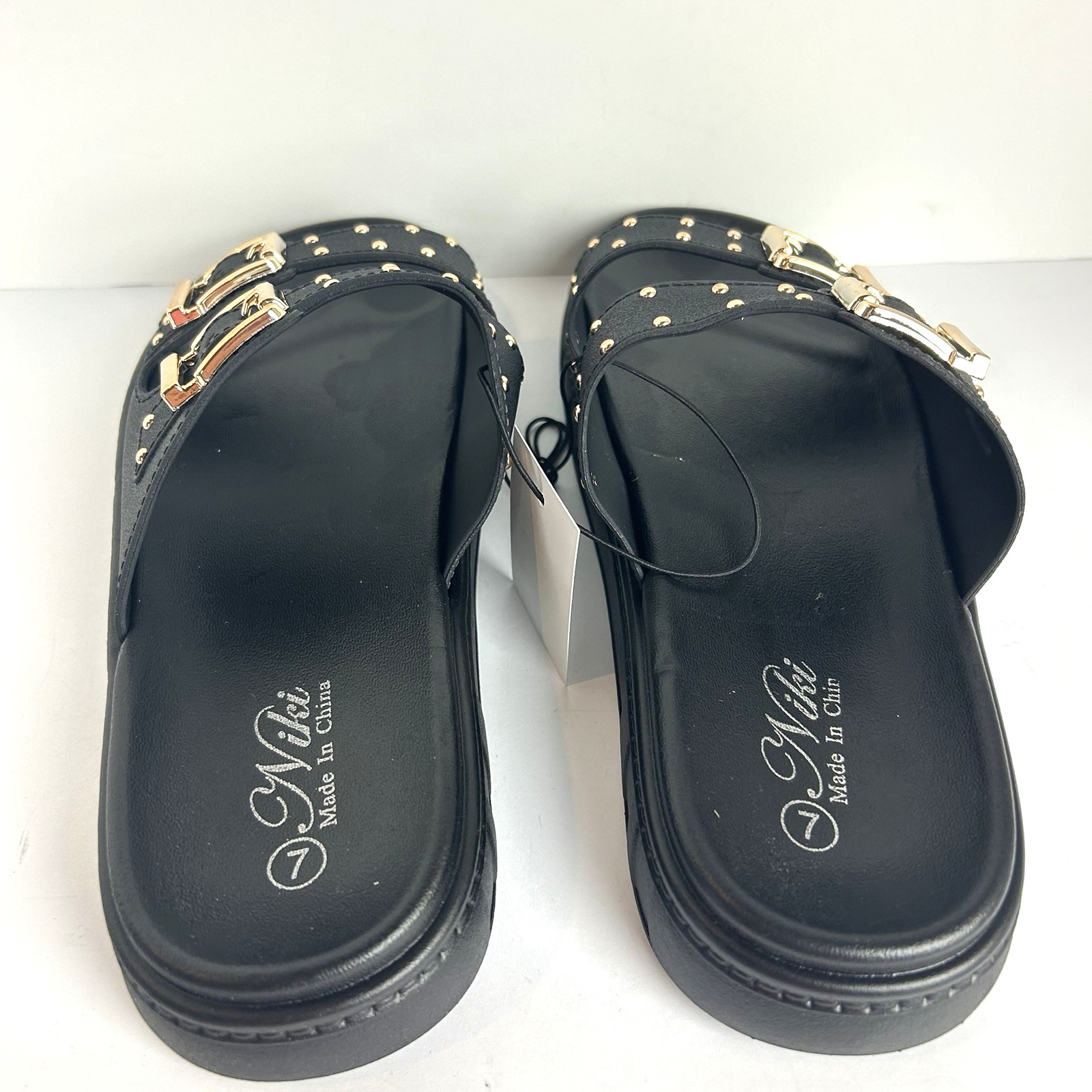 NWT Niki Slip On Sandals Womens 7 Black Wide Strap Gold Buckle Studded Sandals