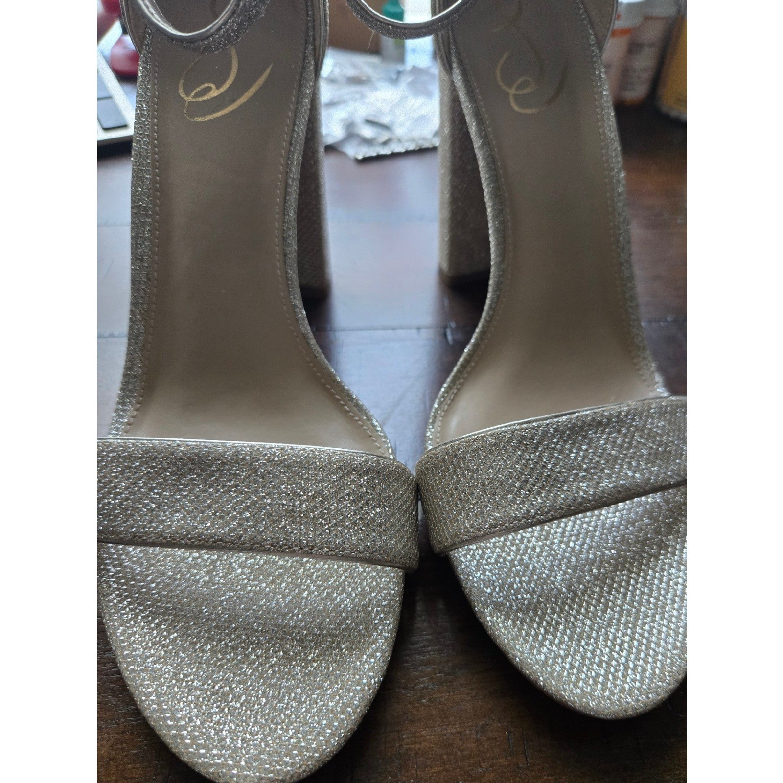 Sam Edelman Yaro Block Heel Sandals Champagne Gold Glitter Ankle Strap Heels