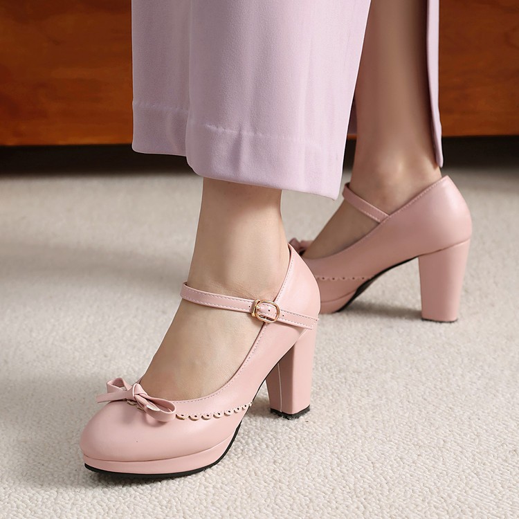 Women’s Block Heel Buckle Bow Mary Jane Casual Pump Sweet Ankle Strap Work Shoes