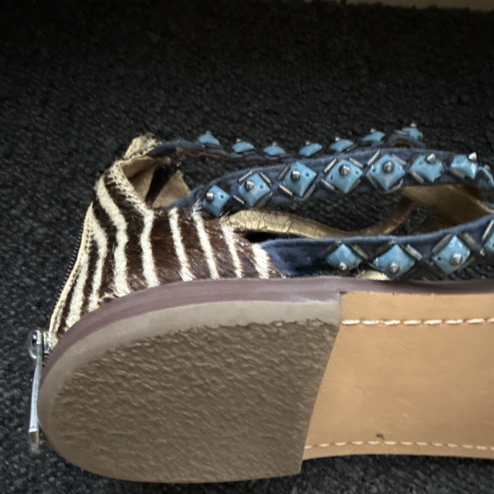 Sam Edelman Women’s US 9 M Blue Leather Studded Zebra Strappy Flat Sandals Zip