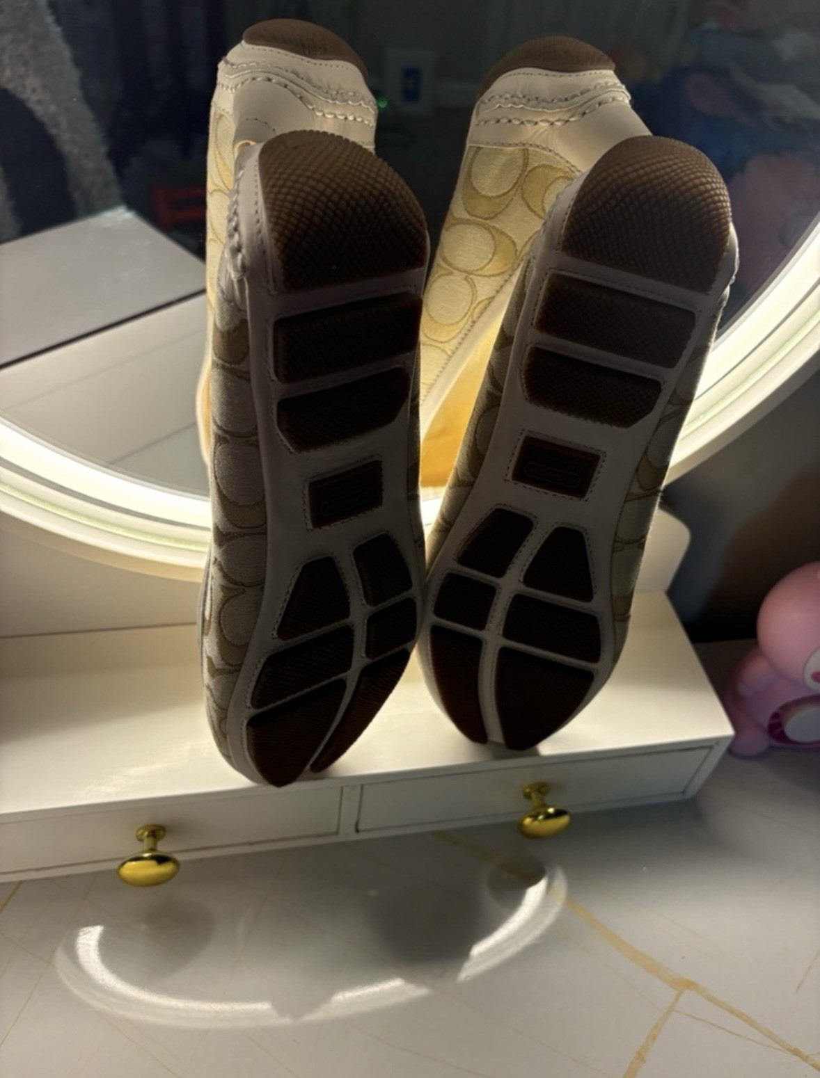 Coach Signature Linen Ballet Flats Beige/Gold Buckle Slip On Womens 9 M