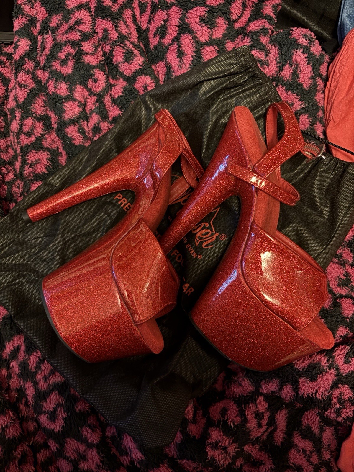 Pleaser Red Glitter Platform Ankle Strap Stiletto Sandals US 8 (worn outside 2x)