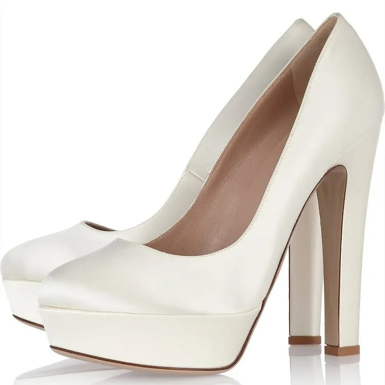 White Satin Chunky Heel Pumps Round Toe Platform Wedding Shoes ws1907778-5