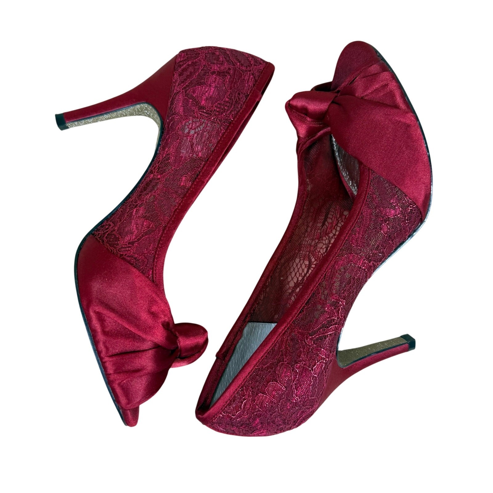 Adrianna Papell Heels Women’s 8 Red Satin Lace Peep Toe Leather Sock Stiletto