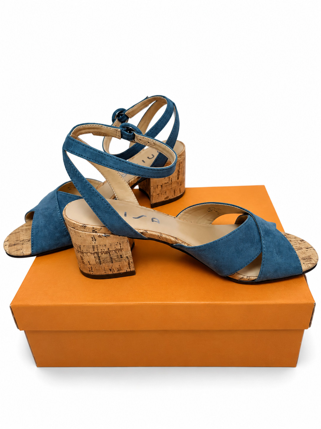 Unisa Womens Denim Ankle Strap Block Heels Open Toe Sandals – NEW