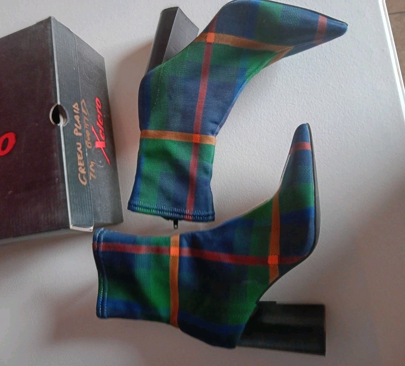 vintage jeffrey campbell Green Plaid Boots Heels 7M Heels Y2k 90s Bohemian Goth