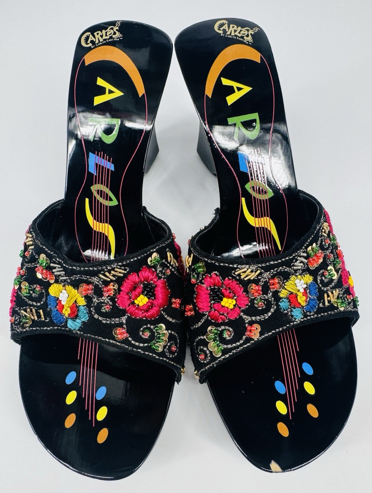 VTG Y2K Carlos by Carlos Santana Paradise Embellished Boho Suede Wedge Mules Sz9