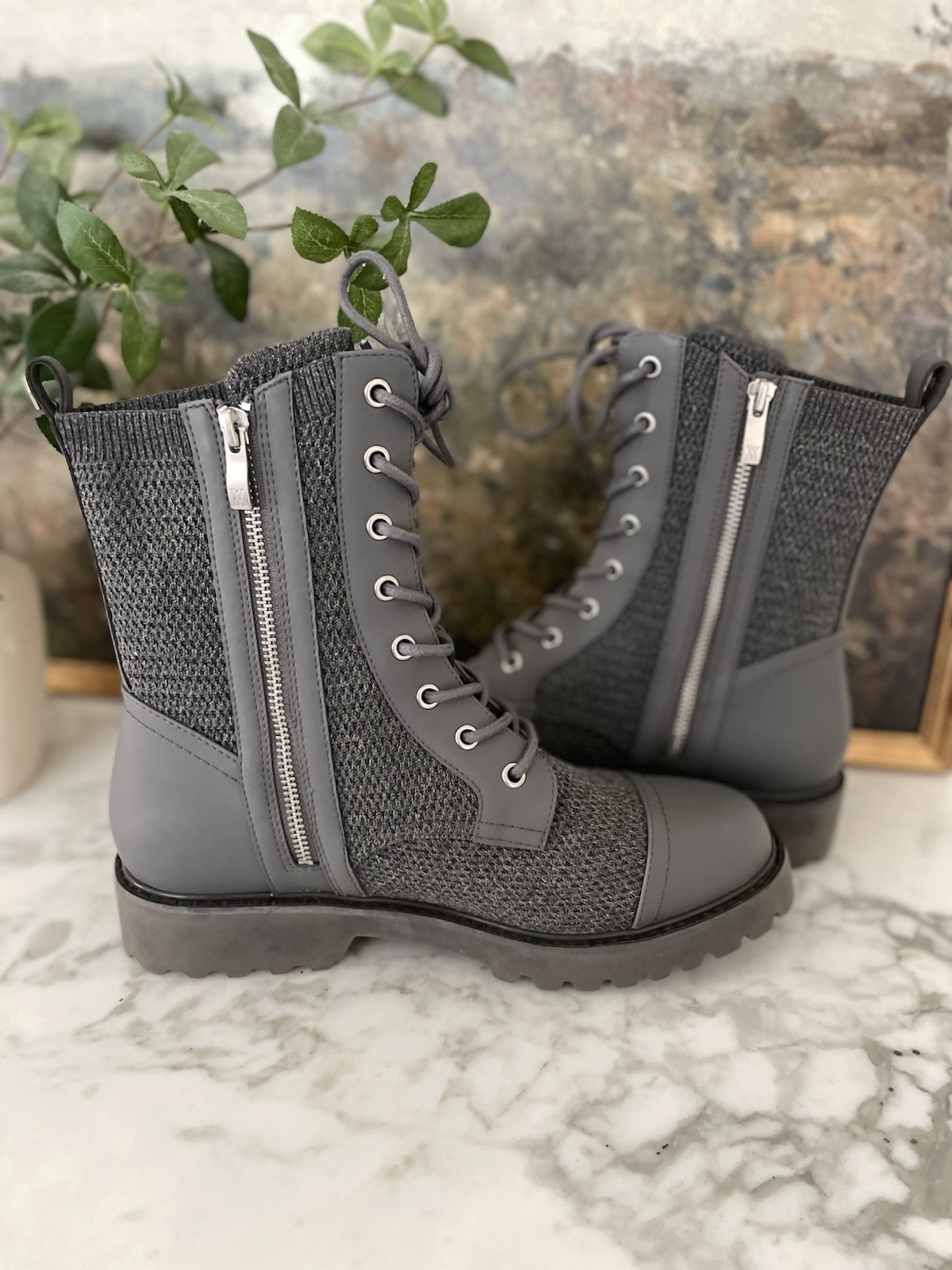 Vivaia Florence Chunky Combat Boots 9.5 Gray Water Repellent Lace Up