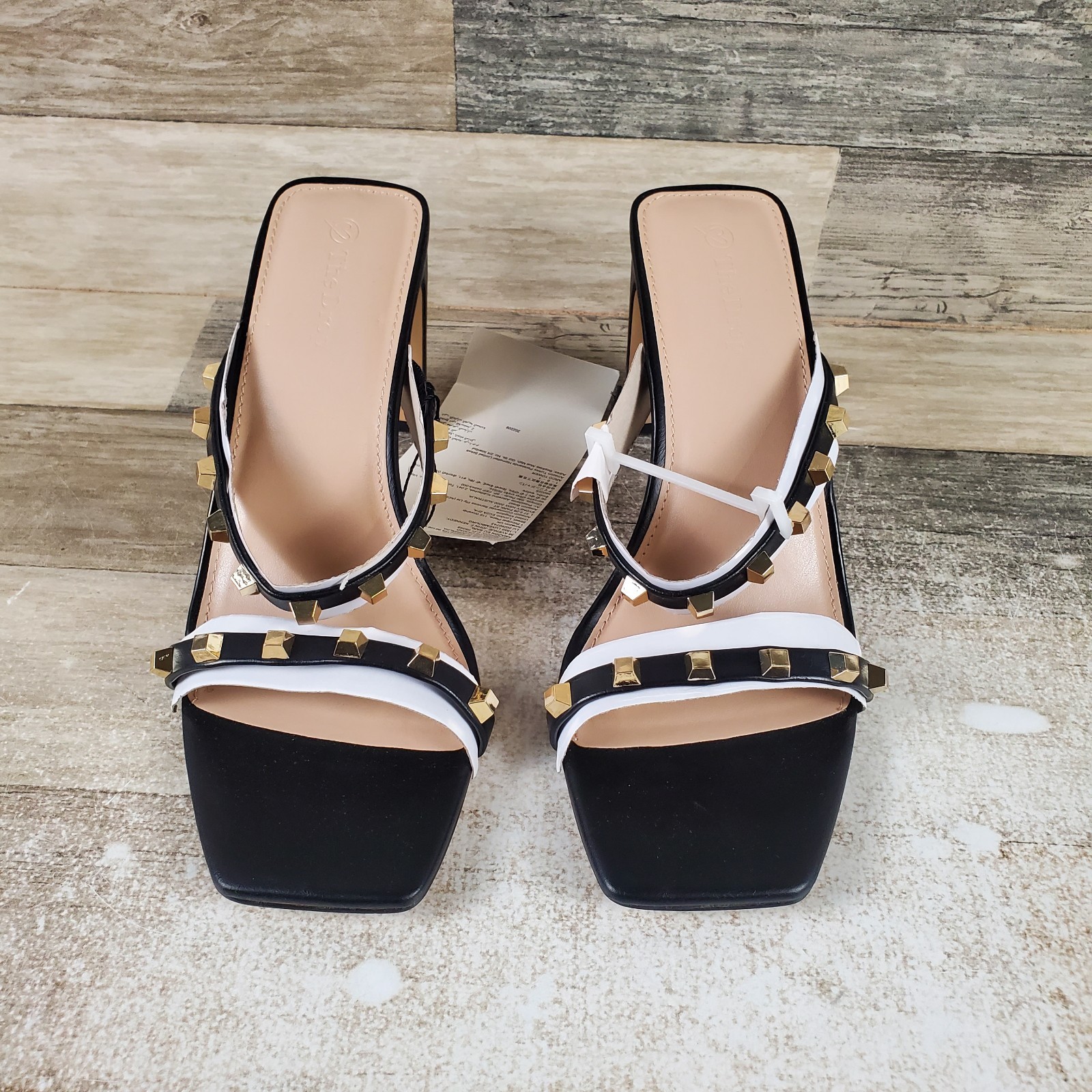 The Drop Black Studded Avery Heels Sz 8.5 Square Toe Slip On High Heeled Sandal