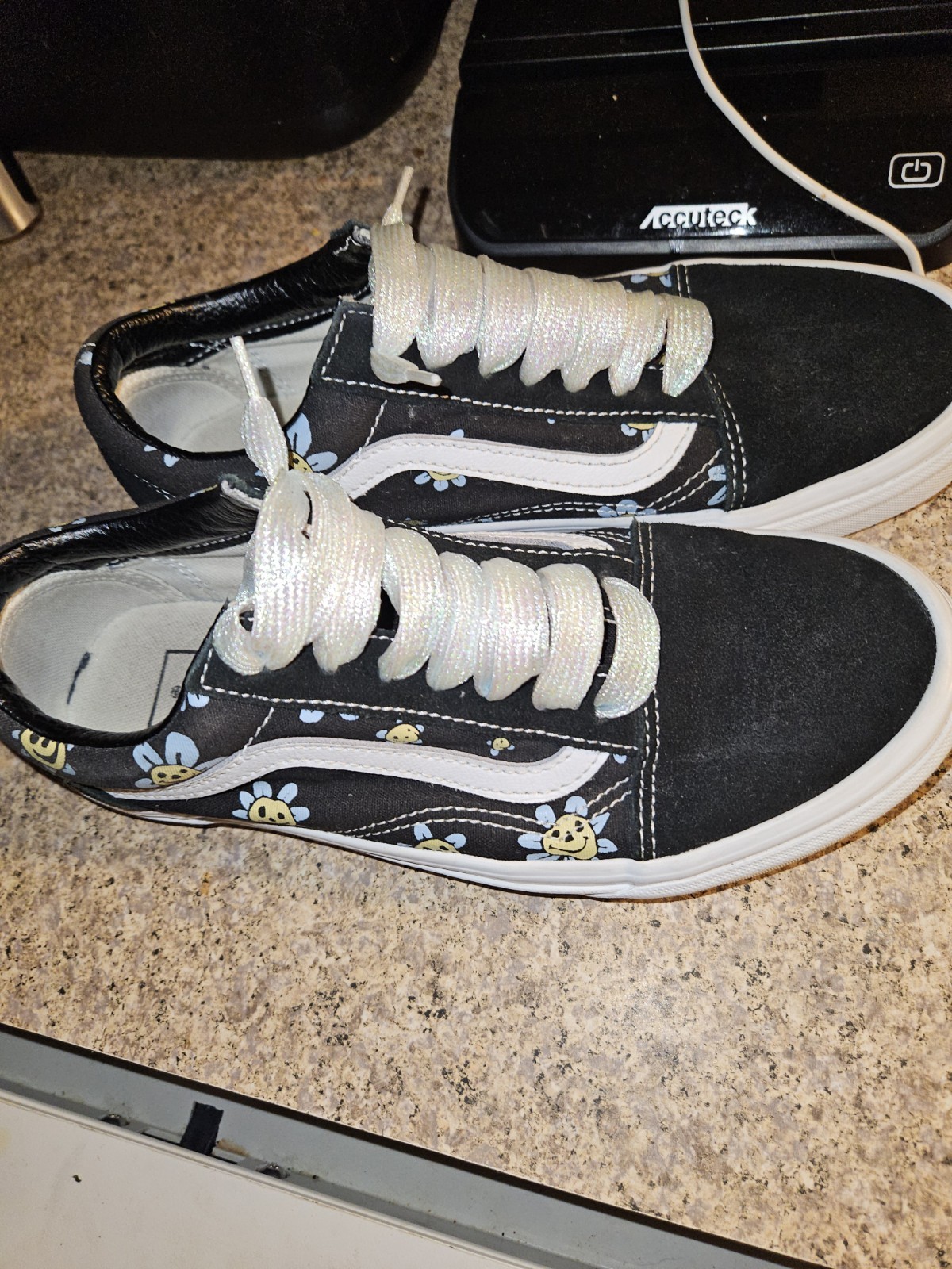 Size 7.5 – VANS Old Skool Black With Yellow And Blue Smiley Face Flowers
