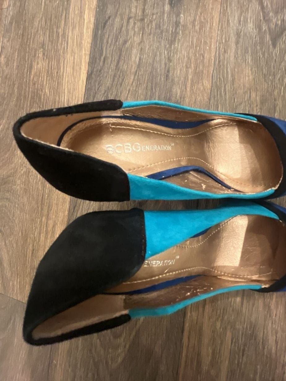BCBGeneration Color Block Suede Stiletto Heels in Black, Teal, and Blue